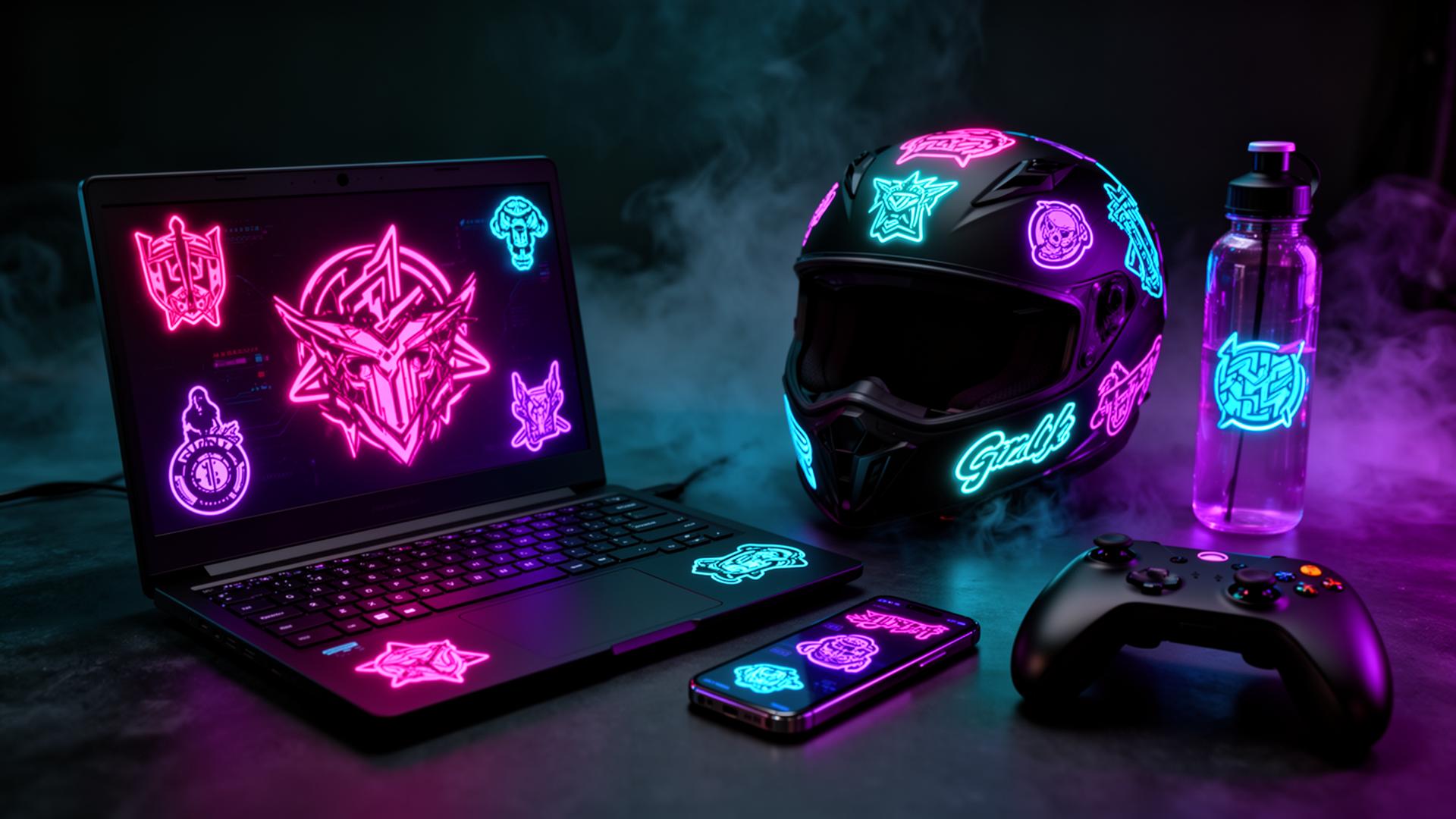 Autocolantes neon aplicados em portátil, capacete, telemóvel e comando gaming